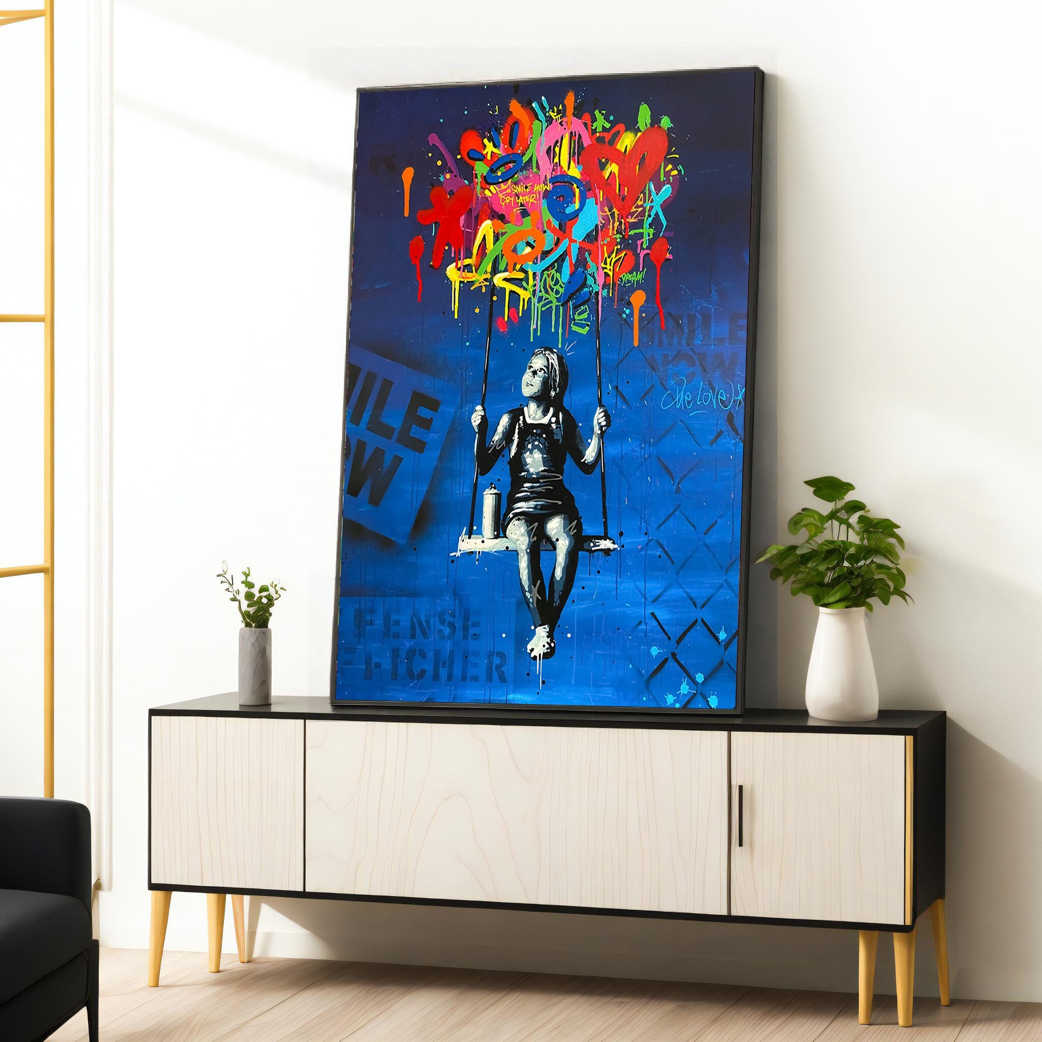 children canvas wall art, graffiti art, banksy graffiti art, pop art painting, banksy colorful canvas wall art, framed canvas ready to hang