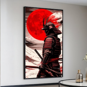 Toile de guerrier samouraï japonais, fond de lune rouge, art de l&#39;armure traditionnelle, décoration murale épée, toile histoire de l&#39;Asie, art martial