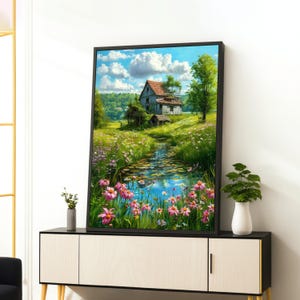 Rustic Country Cottage Canvas Wall Art, Flower Meadow Landscape, Serene Stream Scene, Countryside Nature Canvas, Farmhouse Decoration