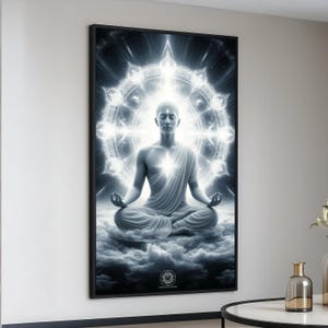 Illuminated Buddha Meditation Canvas, Spiritual Wall Art, Enlightenment Decor, Zen Yoga Canvas, Mystic Sacred Geometry Art, Home Meditation