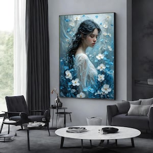 Ethereal Floral Woman, Dreamy Blue Flower Canvas, Wall Art Canvas Design, Floral Portrait Print, Ready to Hang Art Decoration