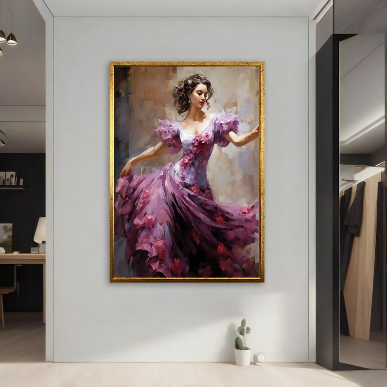 Elegant Woman in Purple Dress Canvas Painting, Sophisticated Wall Art
