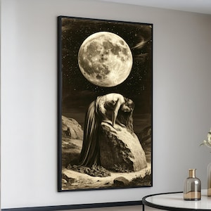 Notte mistica al chiaro di luna, donna e luna piena su tela, arte murale cosmica surreale, paesaggio notturno da sogno, tela per arredamento in stile vintage