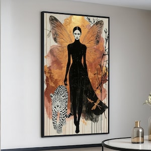 Donna eterea con ali di leopardo e libellula, tela, arte animale mistica, decorazione da parete fantasy, illustrazione della natura contemporanea, pronta per