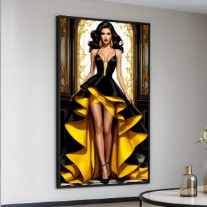 Elegante donna in abito lungo e corto nero e giallo, stampa su tela, ritratto di moda glamour, decorazione elegante per la casa, stampa su tela moderna