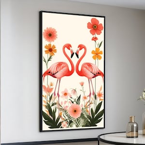 Tropical Flamingo Pair Canvas Wall Art, Pink Birds with Floral Design, Nature Botanical Print, Home Decor, Ready to Hang Canvas