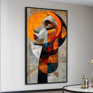 Abstract Woman Profile Canvas Wall Art, Modern Geometric Face Painting, Colorful Contemporary Portrait, Orange and Blue Artistic Decor,
