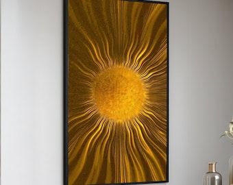 Golden Sunburst Art, Metallic Abstract Sun, Radiant Gold Wall Art