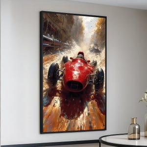 Vintage Red Race Car Splashing Water Canvas, Retro Motorsport Wall Art, Classic Racing Scene, Dynamic Speed Canvas, Home Decor Decoration