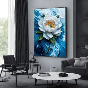 White Peony Canvas, Floral Wall Art, Blue Abstract Flower Print, Wall Art Canvas Design, Ready to Hang Decoration, Elegant Flower Art