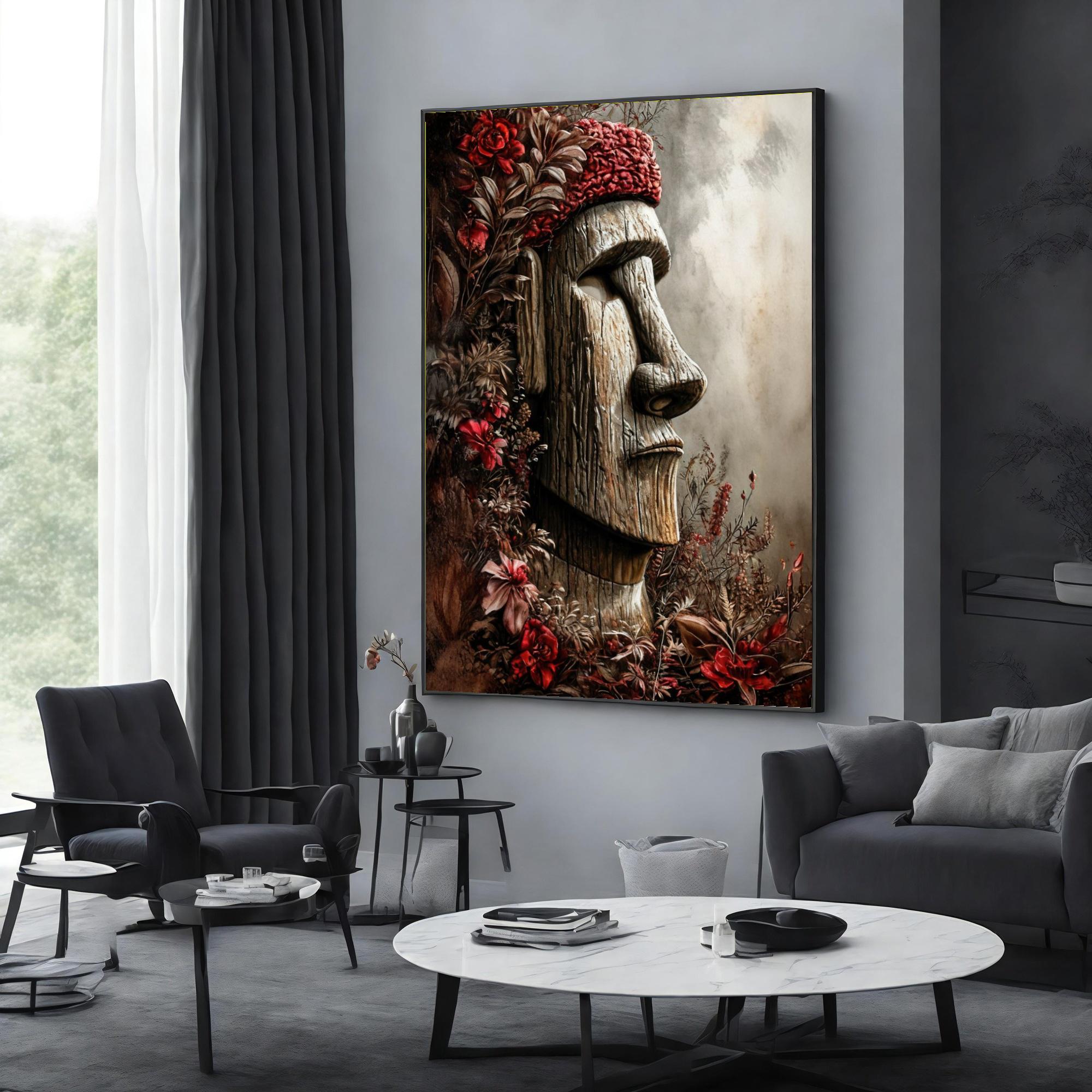 Moai Statue Canvas, Floral Easter Island Art, Moai Wall Print, Nature Inspired Canvas Design, Framed Canvas Ready To Hang