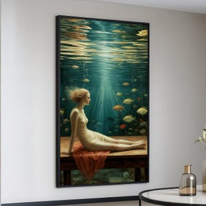 Underwater Dreamscape Canvas, Surreal Woman Sitting Wall Art, Ocean Fish Scene, Ethereal Home Decor, Fantasy Water Canvas Art