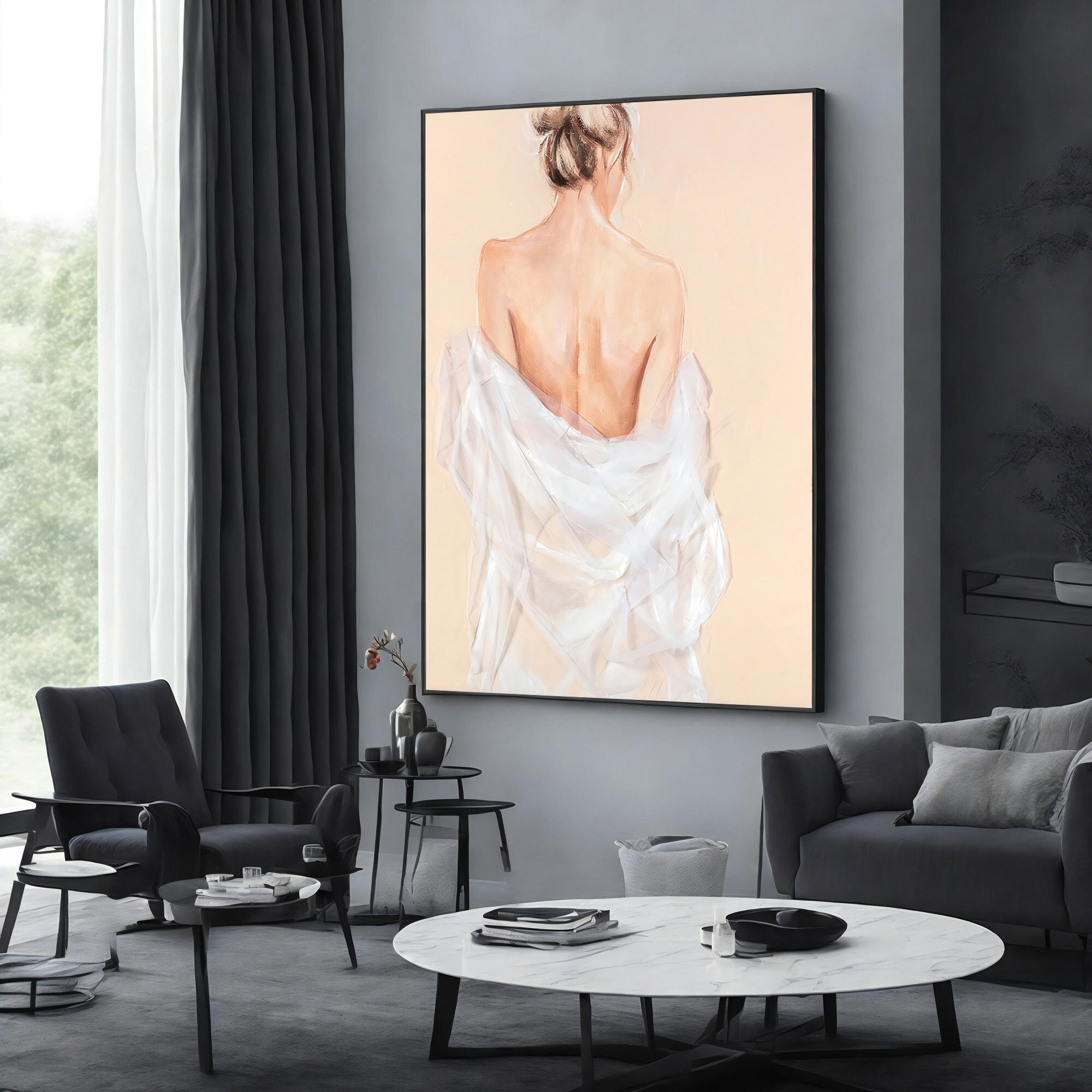Nude Artwork, Nude Woman Canvas Wall Art, Nude in Tulle Canvas, Minimalist Print, Wall Art