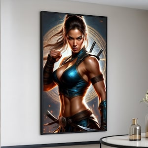 Tela raffigurante una guerriera feroce, arte della spada del samurai, arte murale fantasy pronta per la battaglia, tela raffigurante una donna forte, decorazione di un personaggio eroico