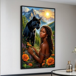 Maestosa pantera e donna, tela con paesaggio montano, arte murale con natura e fauna selvatica, decorazione floreale per la casa, tela con scena di tramonto all'aperto