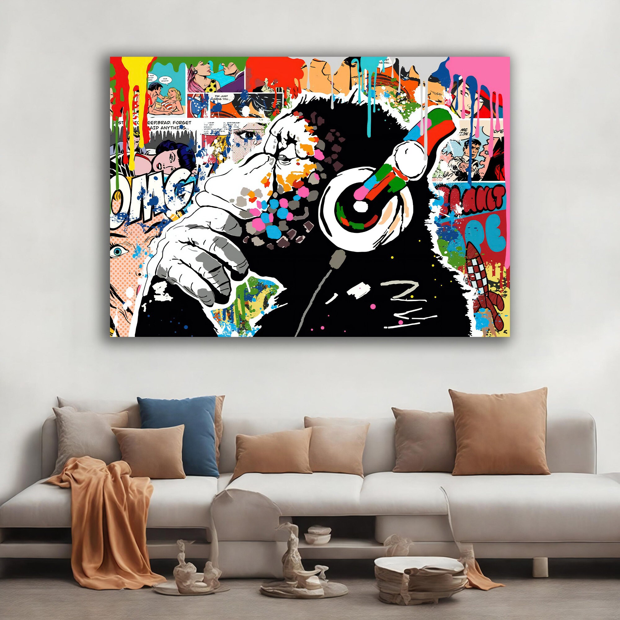 Banksy Style Canvas Wall Art Dj Monkey Headphones Canvas, Extra Large ...