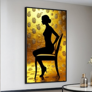 Elegante tela da parete con silhouette femminile, sfondo dorato con ananas, arredamento moderno ed elegante per la casa, tela di design per interni glamour, pronta per