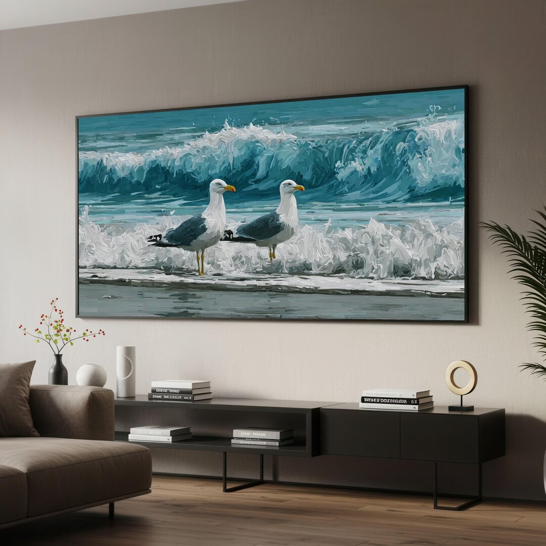 Coastal Seagulls by Ocean Waves Canvas, Beach Wildlife Wall Art ...
