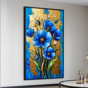 Vibrant Blue Flowers Canvas, Gold Leaf Floral Wall Art, Contemporary Botanical Painting, Canvas Home Decor, Ready to Hang Artwork