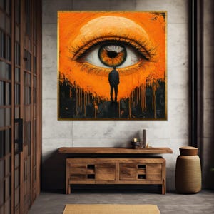 Abstract Eye Canvas, Surreal Art, Giant Eye Wall Art, Modern Canvas Design, Man and Eye Print, Ready to Hang, Orange Eyeball Artwork