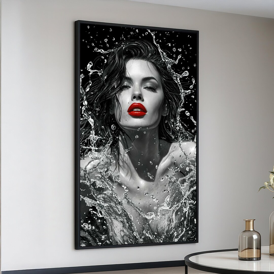 Bold Red Lips Woman Portrait Canvas, Black White Water Splash Art ...