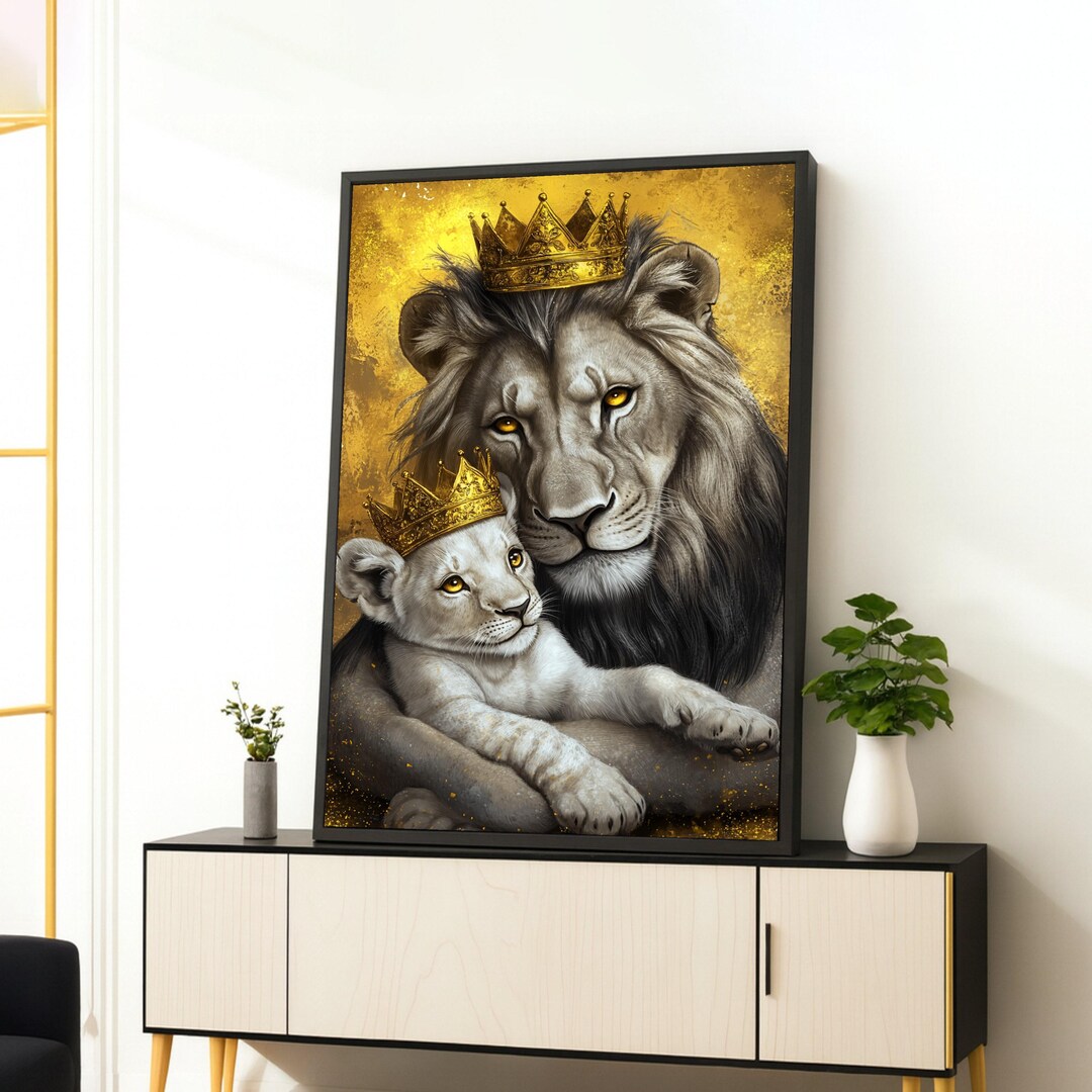 Regal Lion and Cub With Golden Crowns, Royal Family Canvas Wall Art ...