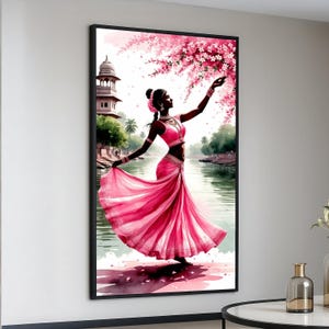 Elegant Indian Dancer in Pink Lehenga Canvas, Traditional Dance Art, Floral Branch Wall Decor, Ethnic Celebration Canvas, Vibrant Home