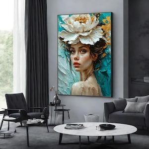 Floral Crown Portrait Canvas, Beauty Art, Woman with Flower Headpiece, Wall Art Canvas Design, Ready to Hang Decoration