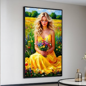 Blonde Frau im gelben Kleid, Blumenstrauß-Leinwand, Sommerwiesen-Wandkunst, lebendige Gartenszene, Natur-Leinwanddekoration