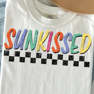 Checkered Neon Sunkissed PNG, Distressed Retro Summer Png, Summer Vibes Png, Vacation Png, Bright Summer Shirt Design, Beach PNG, Sun Png