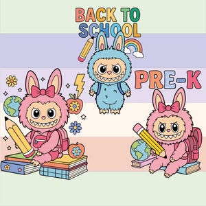 Labubu Back to School 3 PNGs, Clipart Labubu PNG, Monster Doll Png, Cute Back to School Clipart, Instant Download, Digital File Png