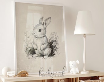 Cute rabbit printable nursery art black and white woodland animal wall decor for baby room playroom or child’s bedroom KPS3