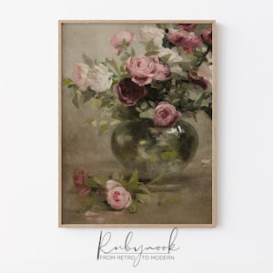 Vintage Rose Still Life Printable Wall Art Romantic Floral Painting For Bedroom Living Room Entryway Classic French Cottage Style Decor K68