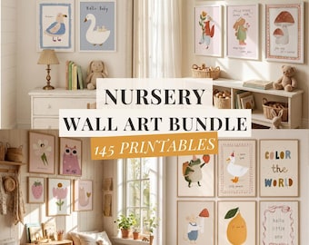 Printable Nursery Wall Art Set Neutral Baby Room Decor Cute Animal Posters Bundle Kids Room Digital Download Whimsical Wall Art