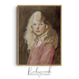 May include: A painting of a young girl with long blonde hair wearing a pink dress. The background is a dark brown color.