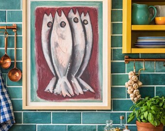 Kitchen wall art for cozy soulful homes vintage fish painting coastal nordic mood art vertical print for warm lived in kitchens K107