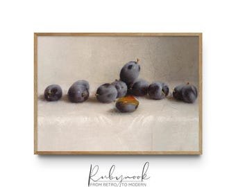 Still Life Art Print Vintage Plum Printable Dark Fruit Wall Art Moody Kitchen Decor Rustic Fruit Painting Print European Farmhouse Art V162