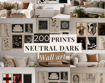 200 Neutral Dark Wall Art Prints Bundle Vintage Beige & Black Gallery Wall Set Printable Digital Download for Modern Home Decor