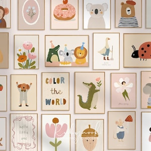 Lot de 23 oeuvres d'art murales à imprimer pour chambre d'enfant, affiches d'animaux mignons pour salle de jeux, galerie de photos de bébés filles pour chambre de garçon, affiches murales d'enfants KP2