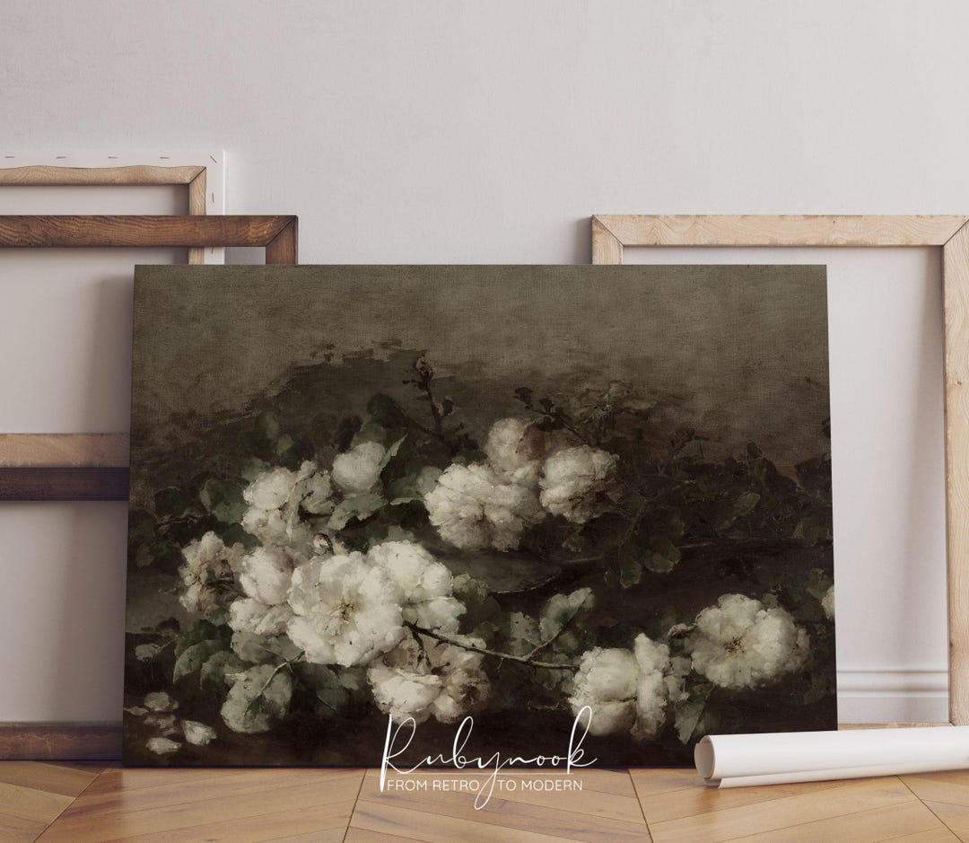 Printable Vintage Floral Wall Art White Rose Oil Painting Moody ...