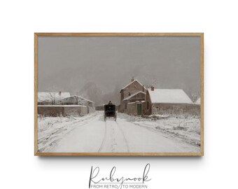 Winter Village Painting Printable Vintage Antique Snow Scene Wall Art Rustic Country Landscape For Farmhouse And Traditional Home Decor K102