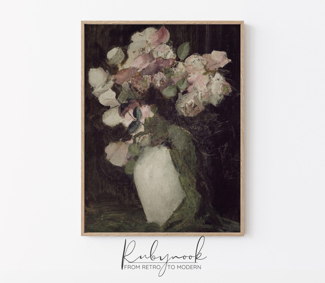 Vintage Floral Still Life Art Print Pink Peonies Dark Moody Flowers ...