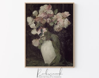 Vintage Floral Still Life Art Print Pink Peonies Dark Moody Flowers Painting Antique Style Botanical Wall Art for Bedroom or Hallway K83