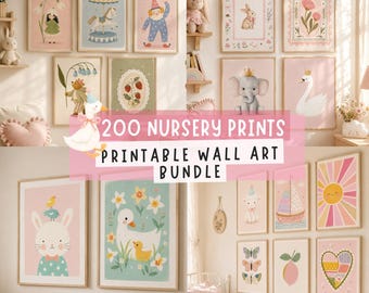 Pastel Nursery Wall Art Bundle, 200 Printable Baby Animal Prints, Girls Room Decor, Cute Kids Art Set