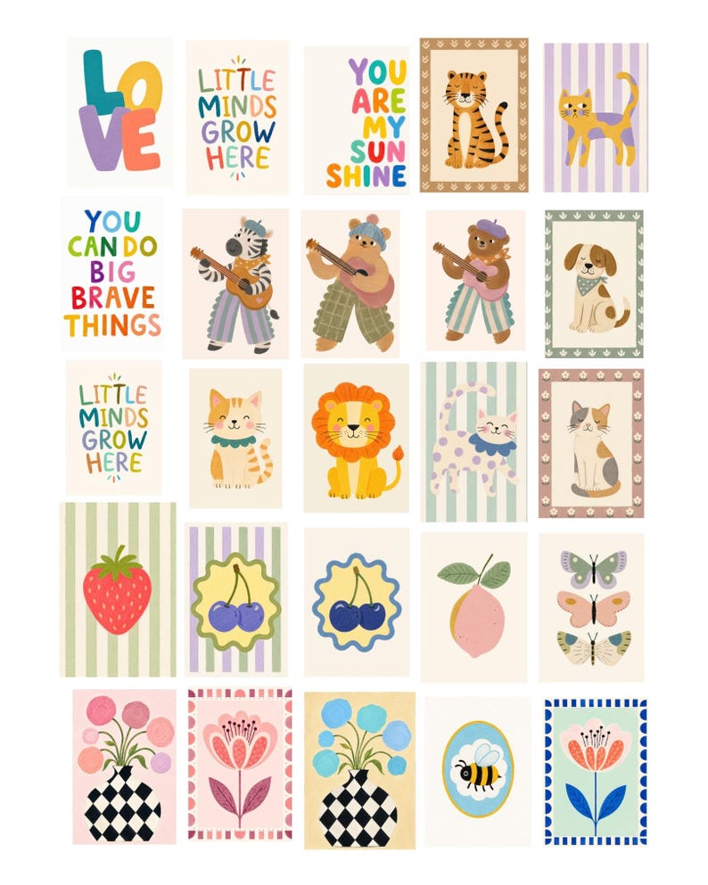 K&ouml;nnte beinhalten: Eine Sammlung von f&uuml;nfundzwanzig rechteckigen Kunstdrucken mit farbenfrohen Illustrationen von Tieren, Blumen, Fr&uuml;chten und inspirierenden Texten. Die Motive umfassen einen Tiger, Katzen, einen Hund, einen L&ouml;wen, ein Zebra, einen B&auml;ren, Erdbeeren, Kirschen und Schmetterlinge.