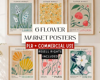 Flower Market Prints PLR, 6 Printable Floral Posters, Commercial Use Wall Art, Resale Rights, Botanical Digital Art Bundle