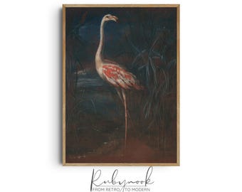 Vintage Flamingo Wall Art Print Exotic Bird Painting Dark Botanical Nature Illustration Eclectic Fine Art Home Decor K162