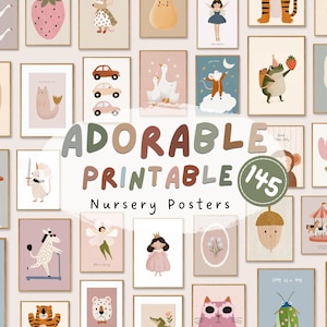 Paquete de arte de pared para guardería, pósteres imprimibles para habitación de bebé, juego de arte de animales neutros para sala de juegos infantil, galería de pared para niños pequeños, impresiones de pared para bebé