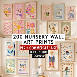 Könnte beinhalten: Eine Sammlung von 200 Wandkunstdrucken für Kinderzimmer mit verschiedenen Illustrationen, darunter ein Einhorn mit dem Text You Are Uni-Que, eine Sonne, eine Blume mit dem Wort Hope, ein Karussell, ein König und der Text Cool Kids Read Books.