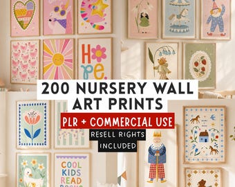 Nursery Wall Art PLR Bundle, 200 Printable Kids Prints, Commercial Use Wall Art, Resell Rights, Baby Room Digital Download